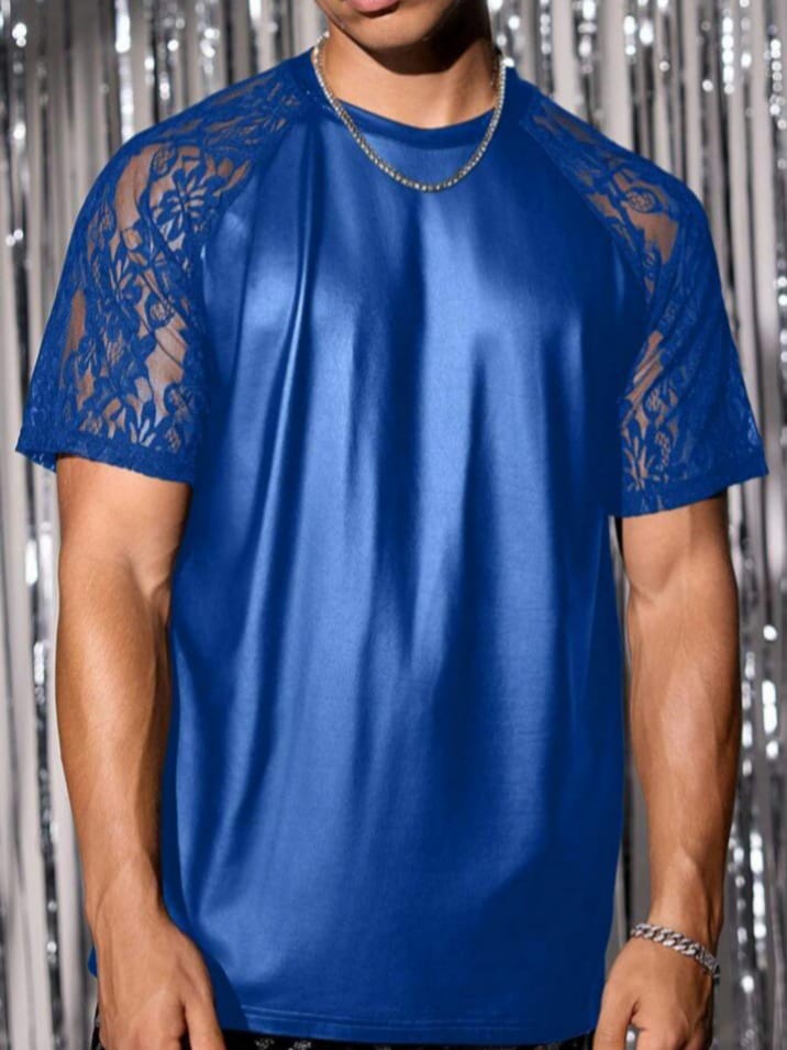 Adosa Men's Knitted Fashionable Daily Casual Geourges Loose Short Sleeve Spliced T-Shirts